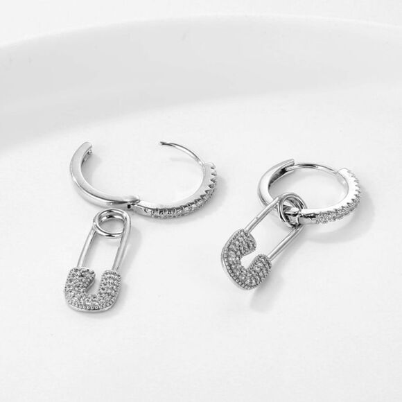 Cubic Zirconia Safety Pin Drop Earrings - Picture 3 of 10